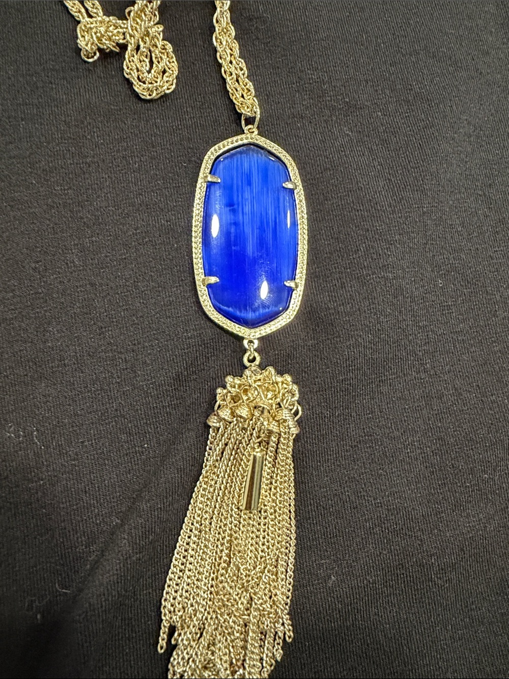 Gold Tassel Pendant Necklace with Royal Blue Stone